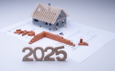Edit New Year 2025 house under construction concept, white background